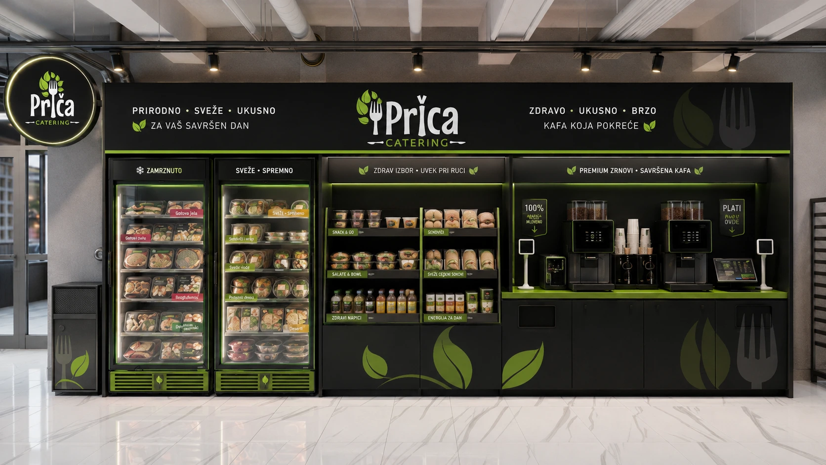 Koncept Priča Catering zone sa rashladnim vitrinama, užinama i aparatima za kafu
